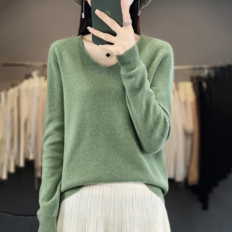Women 100% Merino Wool Sweater V-Neck Basic Pullover Autumn Winter Cashmere Clothing Long Sleeve Soft Knitwear Tops Solid Color - Image 20