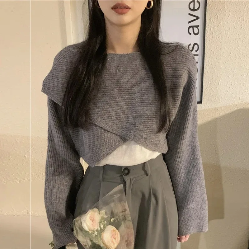 Autumn Knitted Cropped Sweater Y2K Tops Women Long Sleeve Pullovers Sweater Winter Cross Irregular Streetwear Sweater Pull 22933 - Image 2