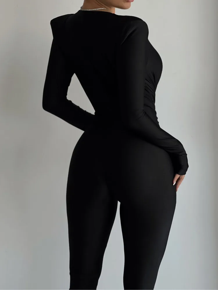 Mozision Deep V Neck Long Sleeve Skinny Jumpsuits Women Rompers Elegant Black High Waist Ruched Slim Sexy Jumpsuit Outfits - Image 6