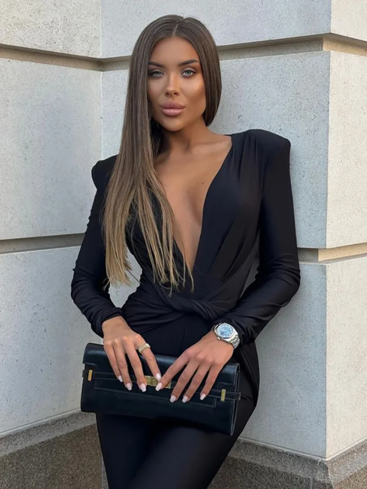 Mozision Deep V Neck Long Sleeve Skinny Jumpsuits Women Rompers Elegant Black High Waist Ruched Slim Sexy Jumpsuit Outfits - Image 2