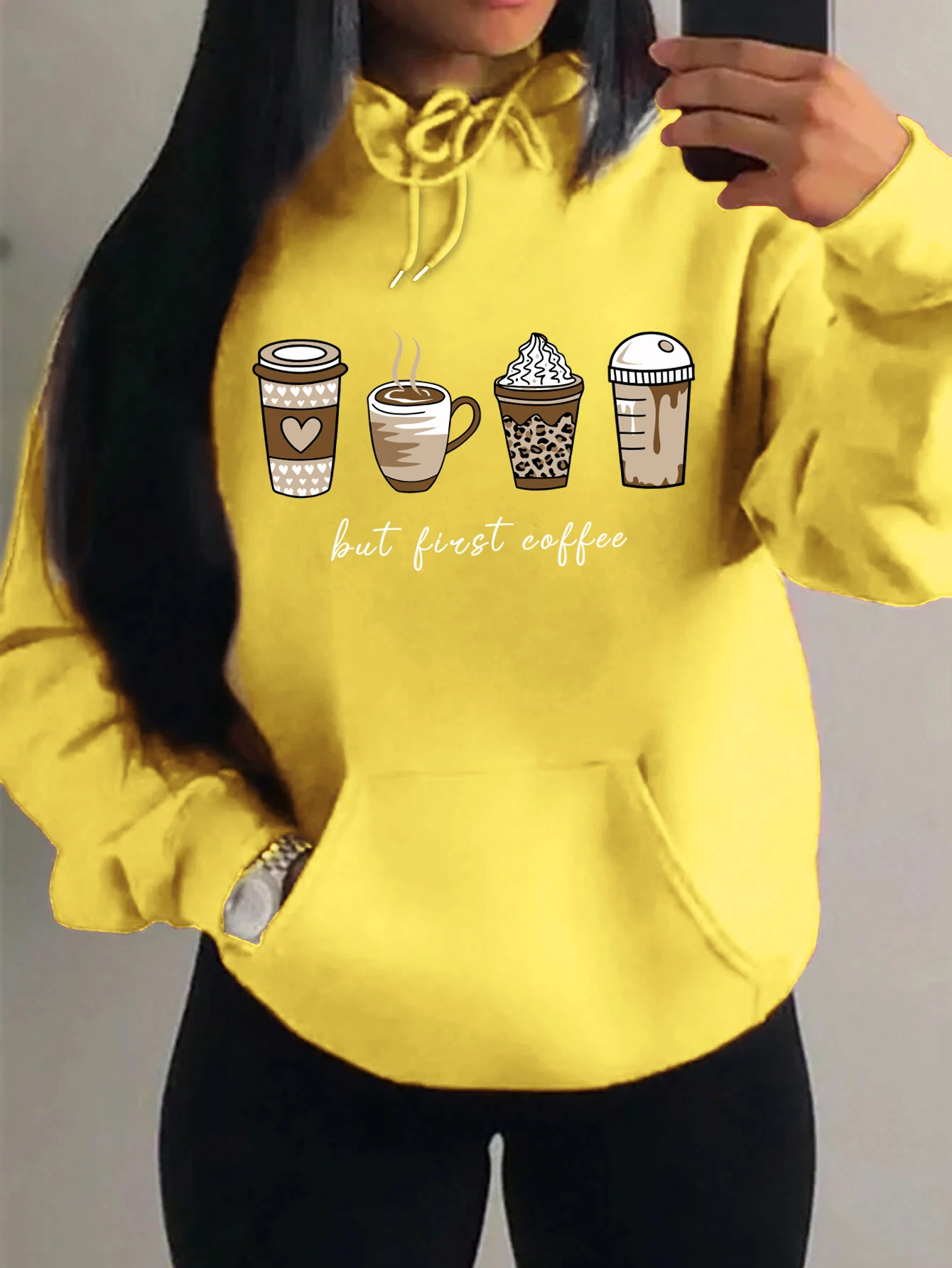 But First Coffee Cartoons Coffee Drinks Pattern Hoodies Fashion Warm Hoody Casual Trendy Sweatshirt Street Women Pullovers - Image 16