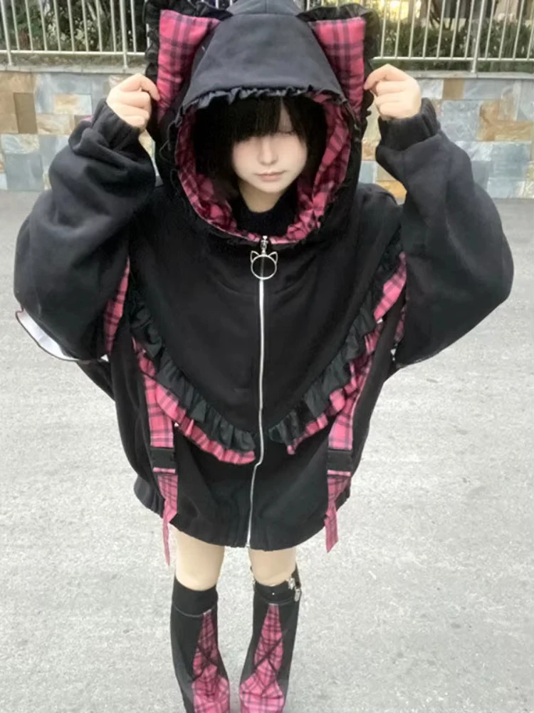 Japanese Sweet Coats Y2K Clothing Hoodie Women Tops Autumn and Winter Color Match Splicing with Thick Velvet Cardigan Jackets - Image 5