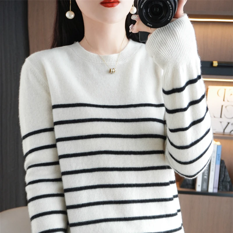 Spring Women's Pullover Sweater Striped Two-Color Sweater Long Sleeve Crewneck New 100% Cotton Pullover Sweater For Women-SMY257 - Image 7