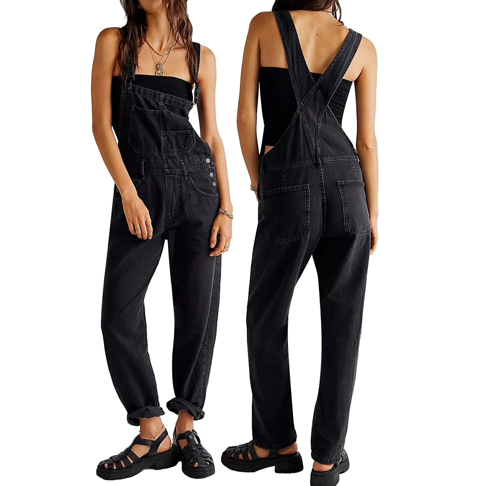 Casual Women Summer Vintage Retro Denim Long Jumpsuit Spaghetti Strap Straight Romper Pants Baggy Bib Overalls Jumpsuits - Image 10