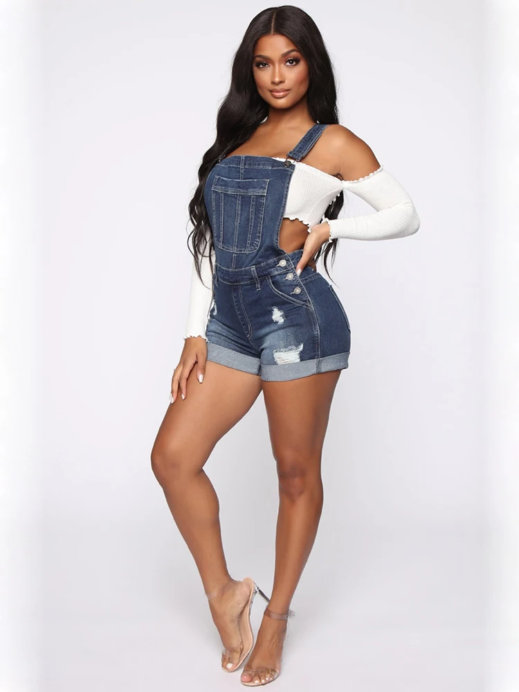 New Summer Women Shorts Overalls Ripped Jeans Lady Sexy Stretch Rompers Denim Pants Lady Cross Strap Jumpsuit Casual Bodysuits - Image 3