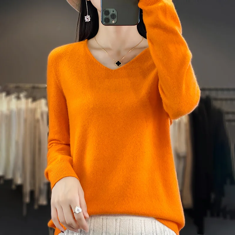 Women 100% Merino Wool Sweater V-Neck Basic Pullover Autumn Winter Cashmere Clothing Long Sleeve Soft Knitwear Tops Solid Color - Image 17