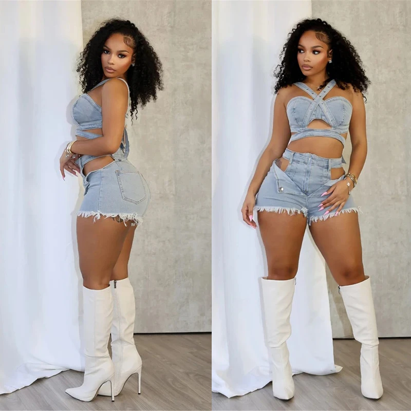 Sexy Jean Women Short Sets Straps Denim Crop Top and Cut Out Shorts Set 2025 Summer Clothes Streetwear Two 2 Piece Club Outfits - Image 2