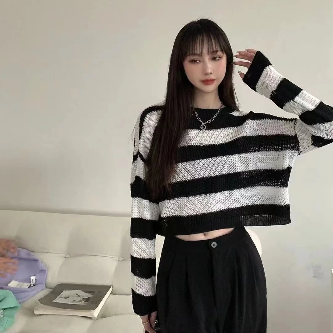 ZMZBCH Korean Style Autumn Striped Cropped Sweater Women Vintage Oversize Knit Jumper Female Long Sleeve O-neck Pullovers Tops - Image 7