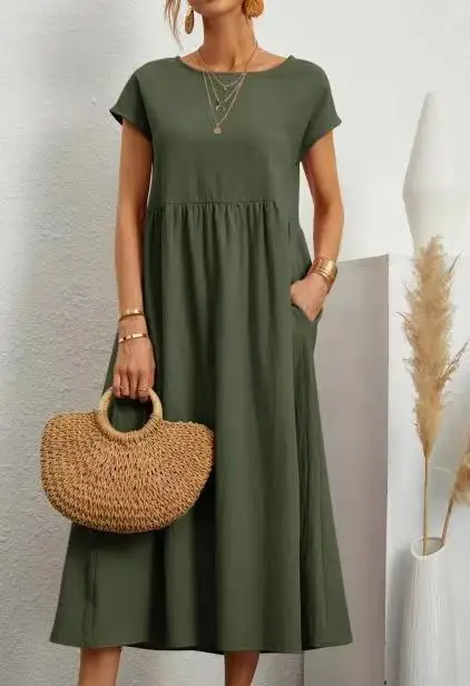 Women Vintage Solid Dress 2023 Summer Elegant O Neck Short Sleeve Cotton Linen Dresses Female Casual Loose Sundress Long Dress - Image 8