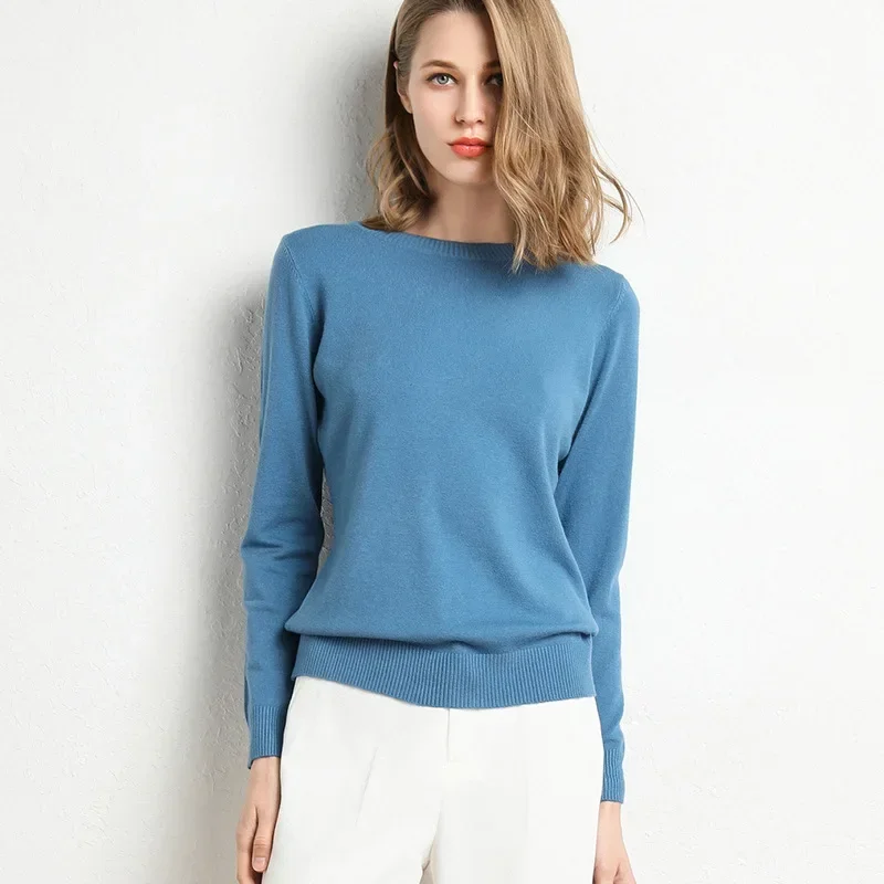 2023 Women Slim O-Neck Pullover Cashmere Wool Blending Sweater Autumn And Winter Long-Sleeved Knit Bottoming Shirt Large Size - Image 3