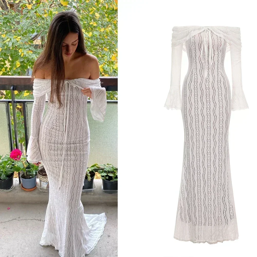 Suninheart White Off The Shoulder Bodycon Dress 2024 New in Flare Sleeve Elegant Lace Maxi Dress Wedding Guest Dress for Women - Image 11
