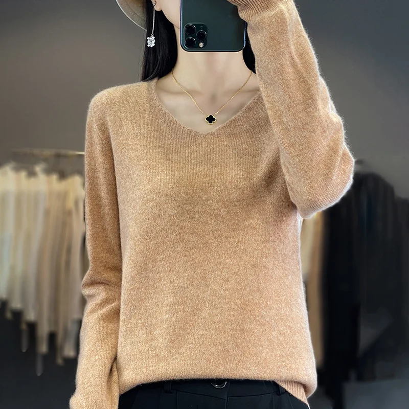 Women 100% Merino Wool Sweater V-Neck Basic Pullover Autumn Winter Cashmere Clothing Long Sleeve Soft Knitwear Tops Solid Color - Image 4