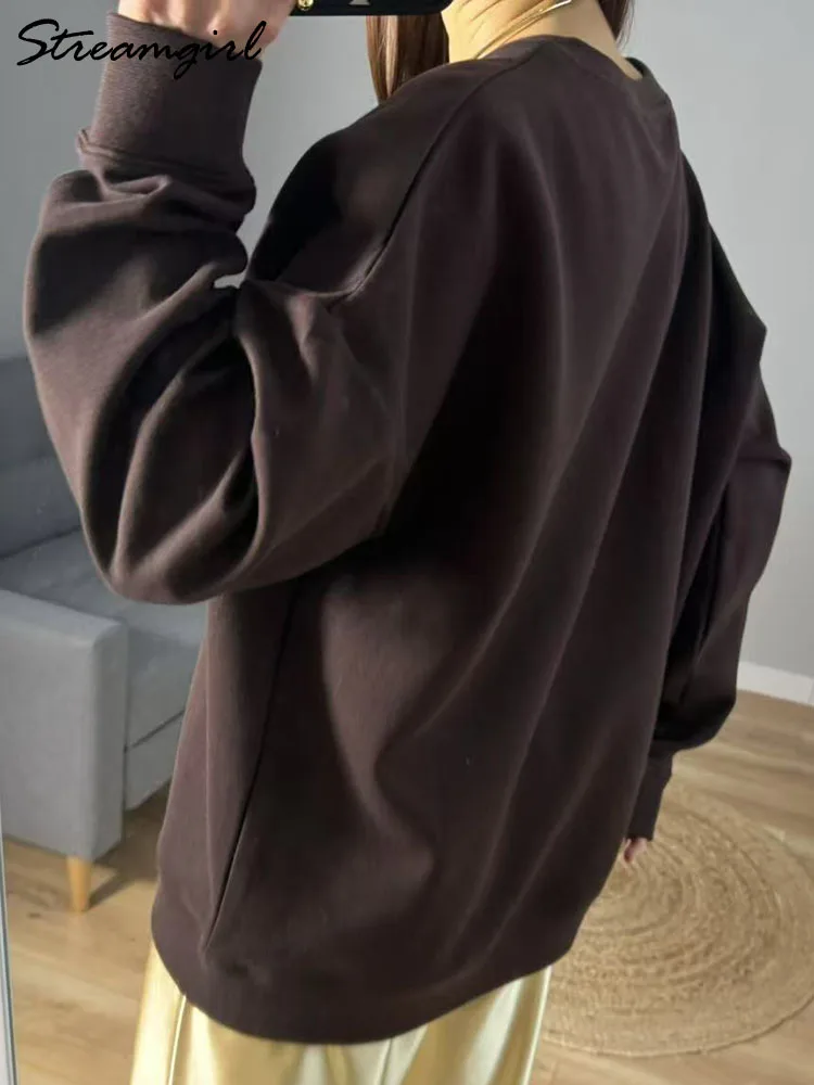 Women Sweatshirts No Hood Oversized Cotton Long Sleeve Tops Basic Solid O Neck Sweatshirts For Women Oversized Pullovers Spring - Image 4