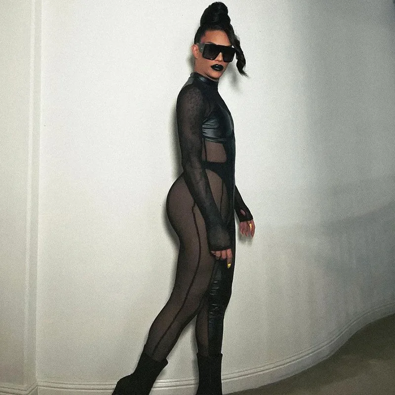 BKLD Fall Outfits Women 2025 New Fashion Stitching Mesh Round Neck Back Zipper Long Sleeve Bodycon Jumpsuit Black One-Pieces - Image 2