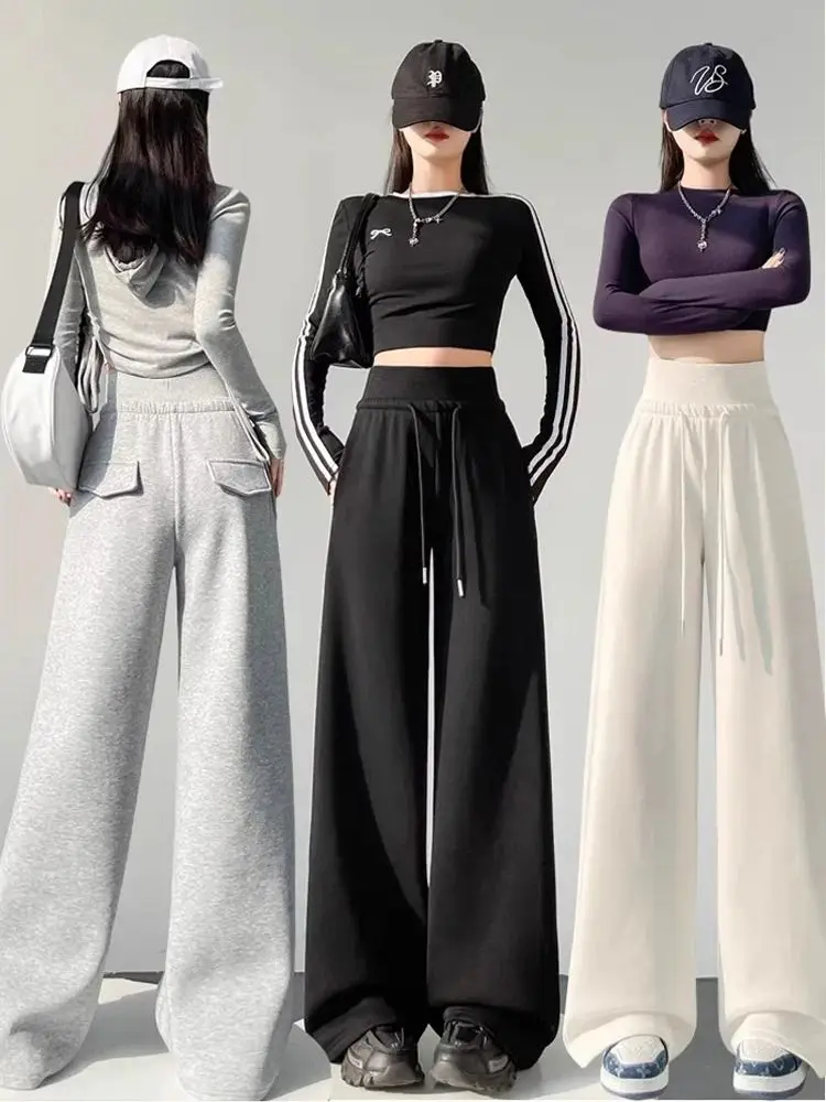 Women's gray sports high waist hanging loose slimming straight leg wide leg pants American sweatpants. - Image 3