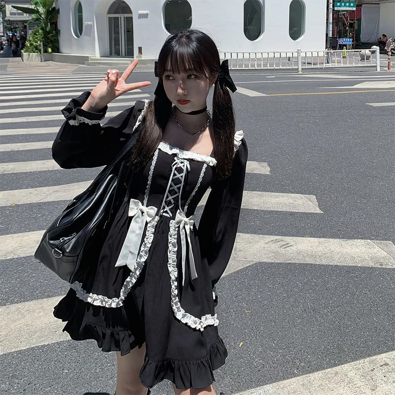 Harajuku Sweet Bow Black Plaid Dresses All-match Slim Fit Kawaii Lolita Dress for Women Autumn New Long Sleeve Vestidos De Mujer - Image 2