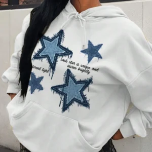 Retro Blue Star Printed Women Hoodie Casual Multicolor Hoody Vintage Loose Y2K Hoodies Comfortable Fleece Woman Clothing
