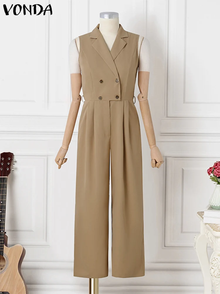 Plus Size 5XL VONDA Elegant Women Jumpsuits Sleeveless Playsuits Solid Color Rompers 2024 Casual Lapel Collar Wide Leg Bottoms - Image 4