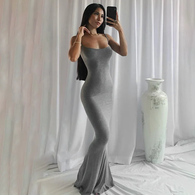 2024 Summer Dresses For Women Sexy Spaghetti Strap Black Long Dress Y2k Sleeveless Solid Skinny Bodycon Trumpet Maxi Vestidos - Image 2