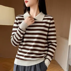 Autumn Winter Woman 100% Merino Wool Sweater POLO Collar Pullover Colorful Stripes Knitwear Bottoming Clothing Long Sleeve Tops