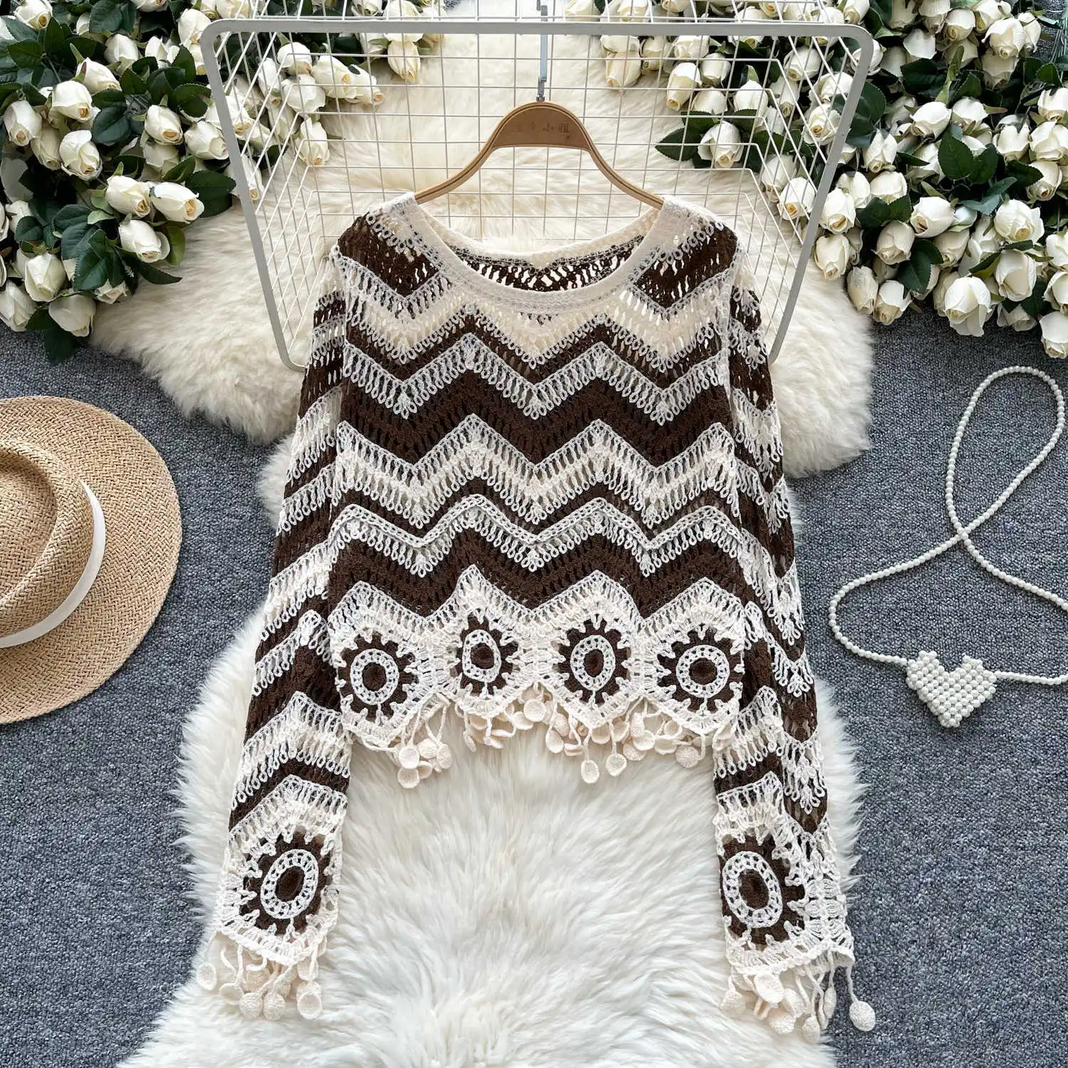 Zig Zag Crochet Top Long Sleeve V-Neck Wavy Striped Open-knit Pullover Sweater for Women Teen-girl Boho Vacation Outfit - Image 4