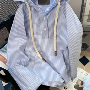 Japanese Style Blue Stripe Hooded Shirts Women Man Spring Autumn Long Sleeves Loose Casual Hoodies Vintage All-matched Coat Tops