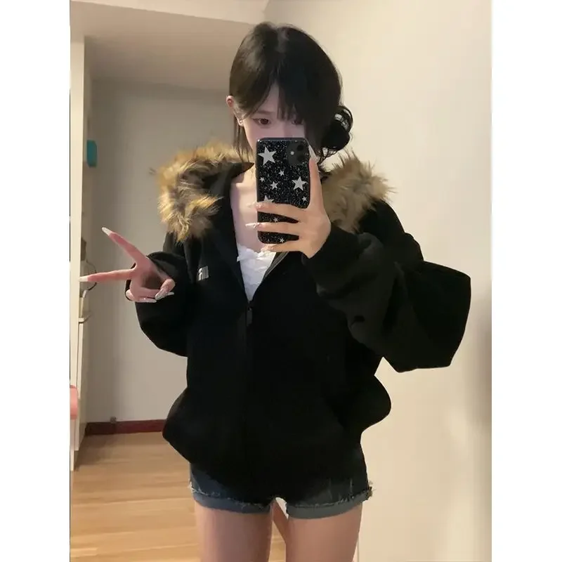 Deeptown Women Black Zip Up Hoodies Vintage Korean Preppy Style Faux Fur Coat Oversized Casual Sweatshirt Harajuku Autumn Winter - Image 8