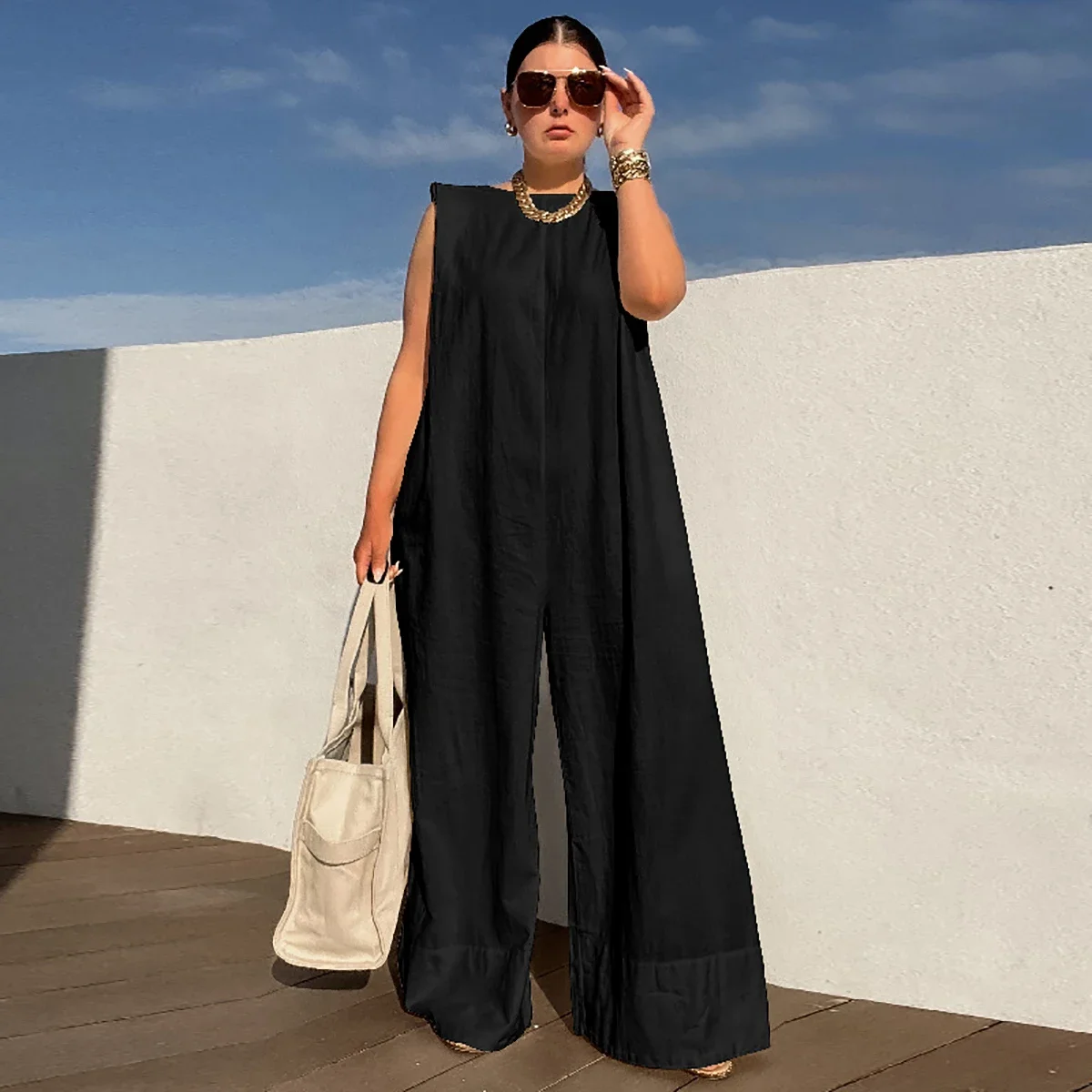 Yeezzi Solid Color Sleeveless Wide Leg Fitness Summer Fashion Female Loose Black White Casual Cool Jumpsuits For Women 2025 New - Image 5