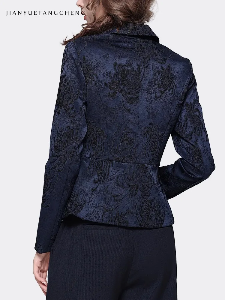 Elegant Suit Collar Women' Dark Blue Jacquard Blazer Elegant Slim Short Female Autumn Winter Coat Jacket Office Ladies Tops - Image 6