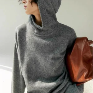 American Retro Gray Hooded Sweater, Women'S Autumn And Winter High-End Temperament, Simple And Casual Base Knit Sweater