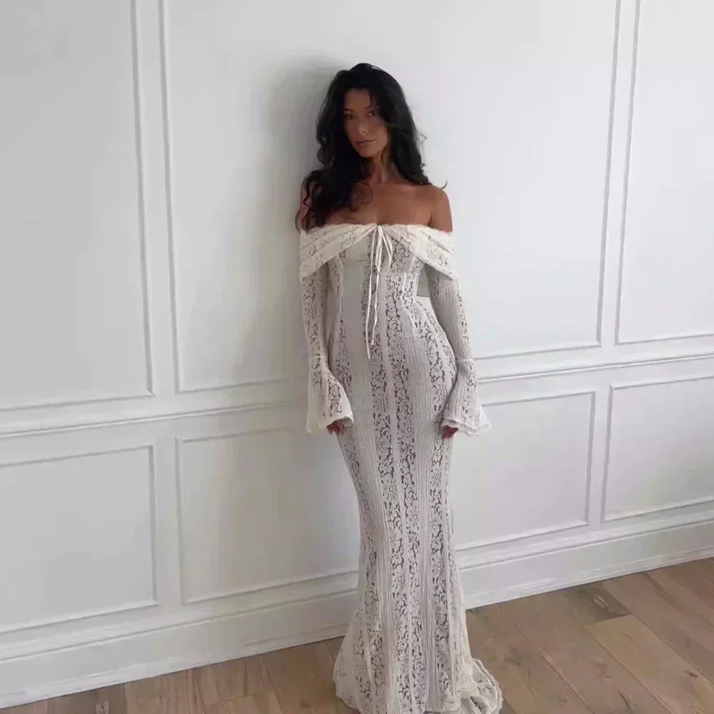 Suninheart White Off The Shoulder Bodycon Dress 2024 New in Flare Sleeve Elegant Lace Maxi Dress Wedding Guest Dress for Women - Image 2