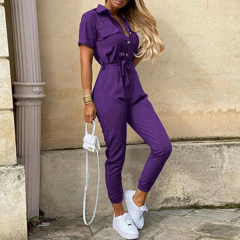 Women's Monochrome Jumpsuit 2024 Spring/Summer Comfortable Casual Flip Collar Printed Belt Work Dress Women's Jumpsuit - Image 10