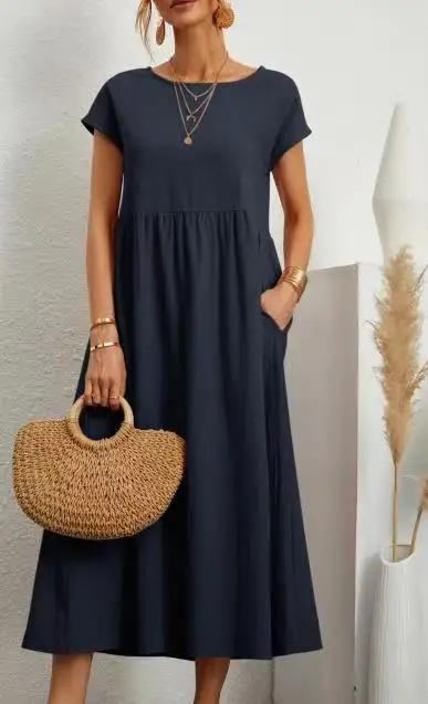 Women Vintage Solid Dress 2023 Summer Elegant O Neck Short Sleeve Cotton Linen Dresses Female Casual Loose Sundress Long Dress - Image 14