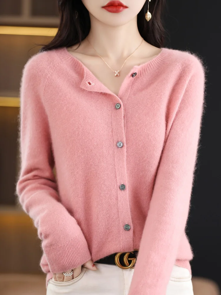 New Fashion Spring 100% Merino Wool Womens O-neck Cardigan Cashmere Sweater 2024 Female Clothing Grace Knitwear Korean Tops - Image 3