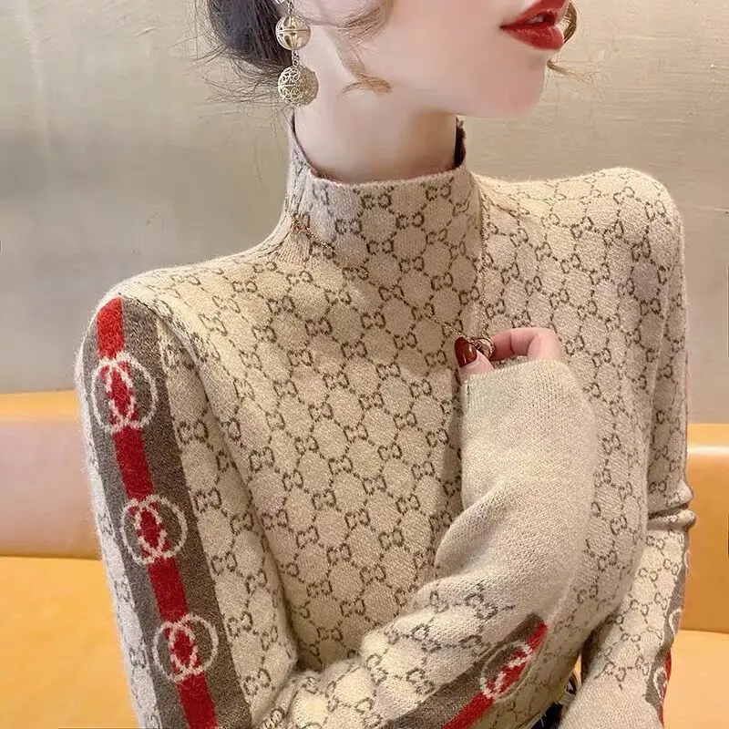 Women's Clothing Elegant Fashion Letter Knit Pullover Autumn All-match Slim Long Sleeve Half High Collar Pullovers Lady Chic Top - Image 3