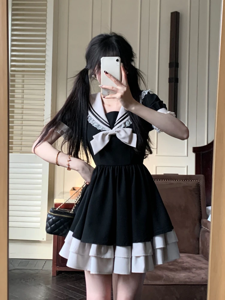 Harajuku Sweet Bow Black Plaid Dresses All-match Slim Fit Kawaii Lolita Dress for Women Autumn New Long Sleeve Vestidos De Mujer - Image 4