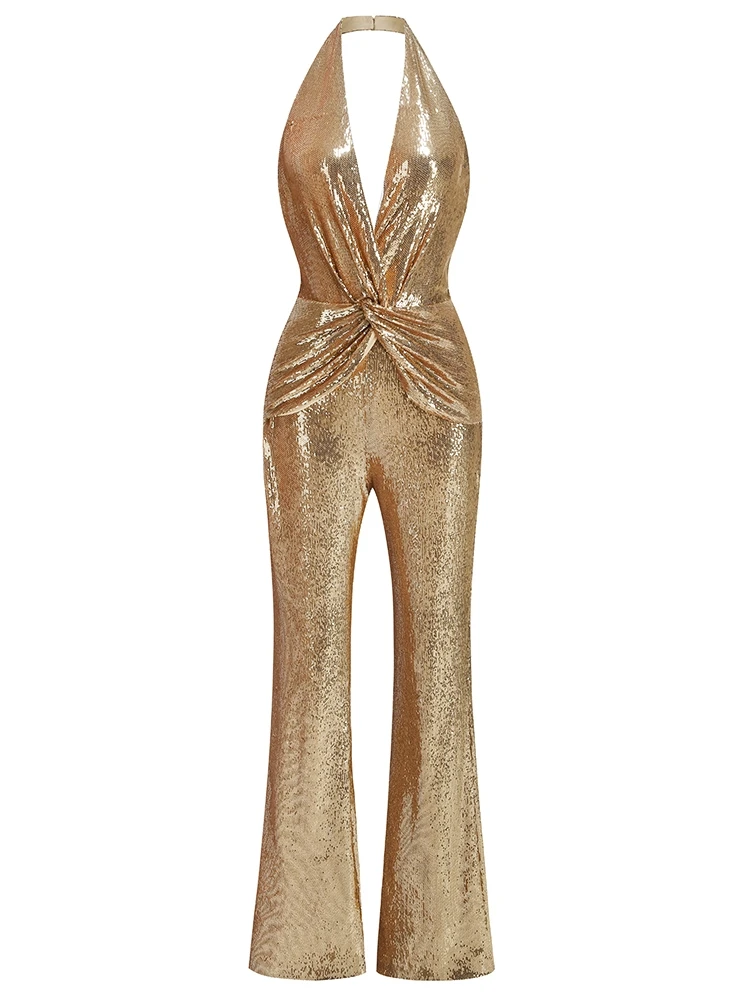 Women's Sleeveless Gold Sequin Jumpsuit Sexy V Neck Sparkle Sequined High Waist Wide Leg Pants Jumpsuit Celebrity Evening Party - Image 7