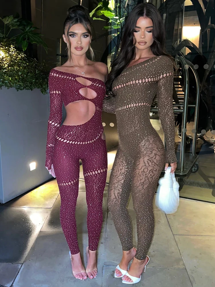 Sibybo Off Shoulder Long Sleeve Jumpsuits Women Fashion Rhinestones High Stretch Hollow Out Sexy Overalls Sparkly Party Rompers - Image 8