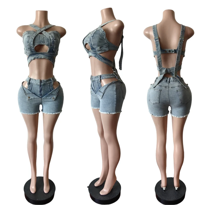 Sexy Jean Women Short Sets Straps Denim Crop Top and Cut Out Shorts Set 2025 Summer Clothes Streetwear Two 2 Piece Club Outfits - Image 4