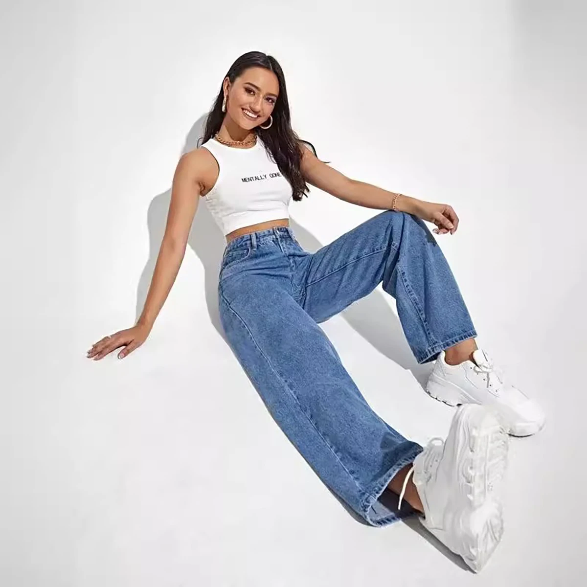Women's new dark blue wide leg straight jeans slimming all-match - Image 2