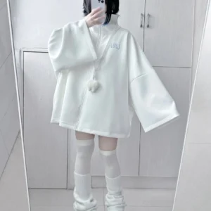 Spring Japanese Casual Solid Hoodies Women Loose Y2k Aesthetic Oversized Embroidery Coats Harajuku Zipper Grunge Sweatshirts