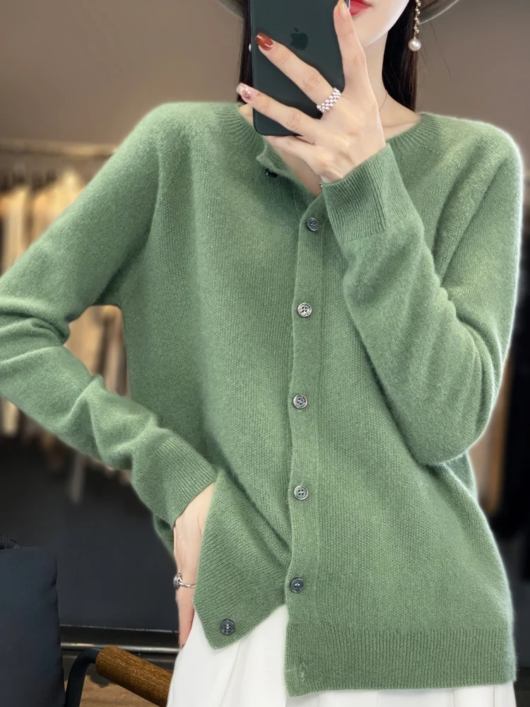 New Fashion Spring 100% Merino Wool Womens O-neck Cardigan Cashmere Sweater 2024 Female Clothing Grace Knitwear Korean Tops - Image 15