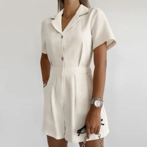 Autumn Romper for Women Jumpsuit Print Pocket Romper V Neck Cotton Linen Loose Wide Legs Casual Pants Streetwear Spring 2025