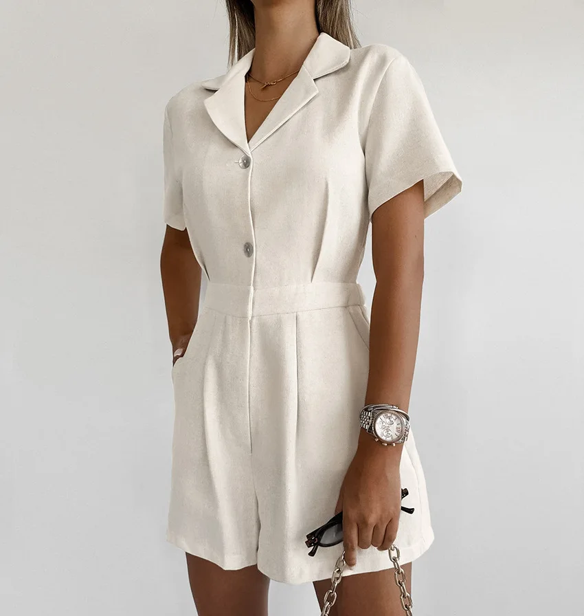 Autumn Romper for Women Jumpsuit Print Pocket Romper V Neck Cotton Linen Loose Wide Legs Casual Pants Streetwear Spring 2025