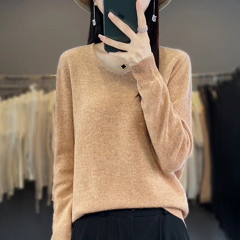 Women 100% Merino Wool Sweater V-Neck Basic Pullover Autumn Winter Cashmere Clothing Long Sleeve Soft Knitwear Tops Solid Color - Image 10