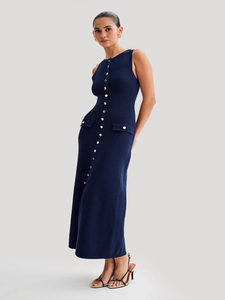 2024 Summer Elegant Lady Knitted Single Breasted Long Dresses Women Solid Sleeveless O Neck Button Bodycon Party Female Vestidos - Image 3