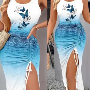 Summer Women's Bodycon Tank Dress Sexy O-neck Drawstring Split Midi Vest Dresses Fashion Floral Print Sleeveless Holiday Dress