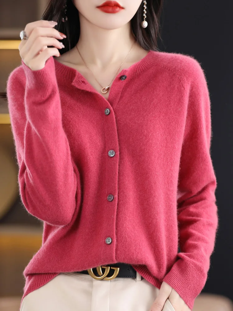 New Fashion Spring 100% Merino Wool Womens O-neck Cardigan Cashmere Sweater 2024 Female Clothing Grace Knitwear Korean Tops - Image 7