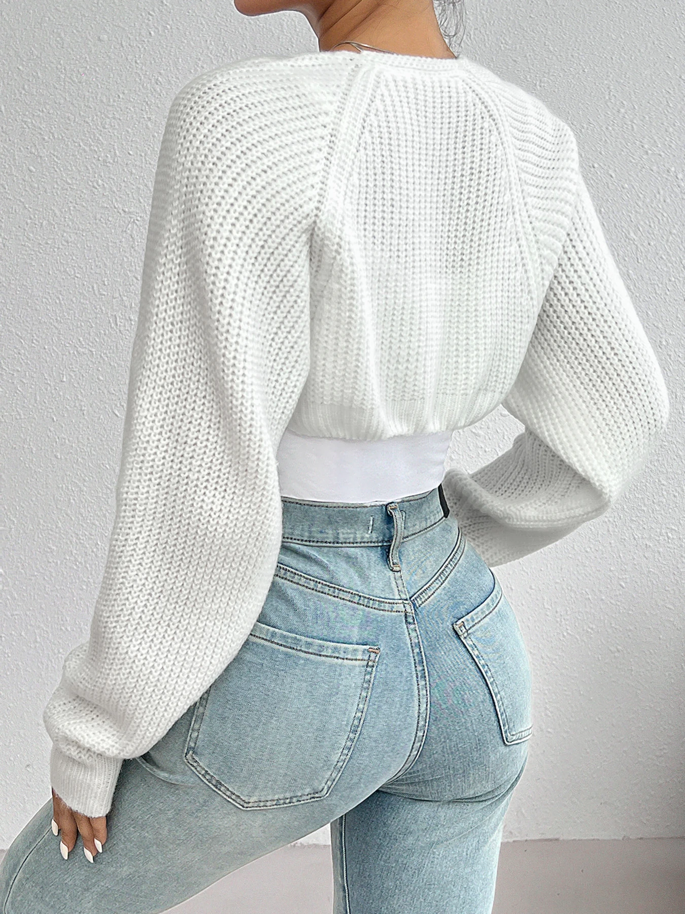 Shrug Raglan Sleeve Open Front Cardigan Elegant Solid Color Ribbed Knitted Cardigan For Spring & Fall Women's Clothing - Image 2