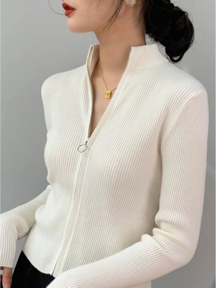 Autumn Zipper Cardigan Women Sweaters Knitted Long Sleeve Stand-up Collar Tops Korean Fashion Short Sweater for Female - Image 6